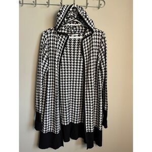 Kaily K Houndstooth‎ Hooded Open Front Cardigan Sweater L Dark Academia Preppy